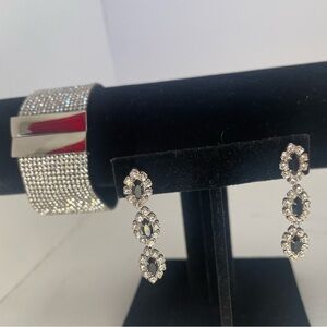 Art Deco Silver and Rhinestone Mesh Bracelet with Black  Drop Earrings